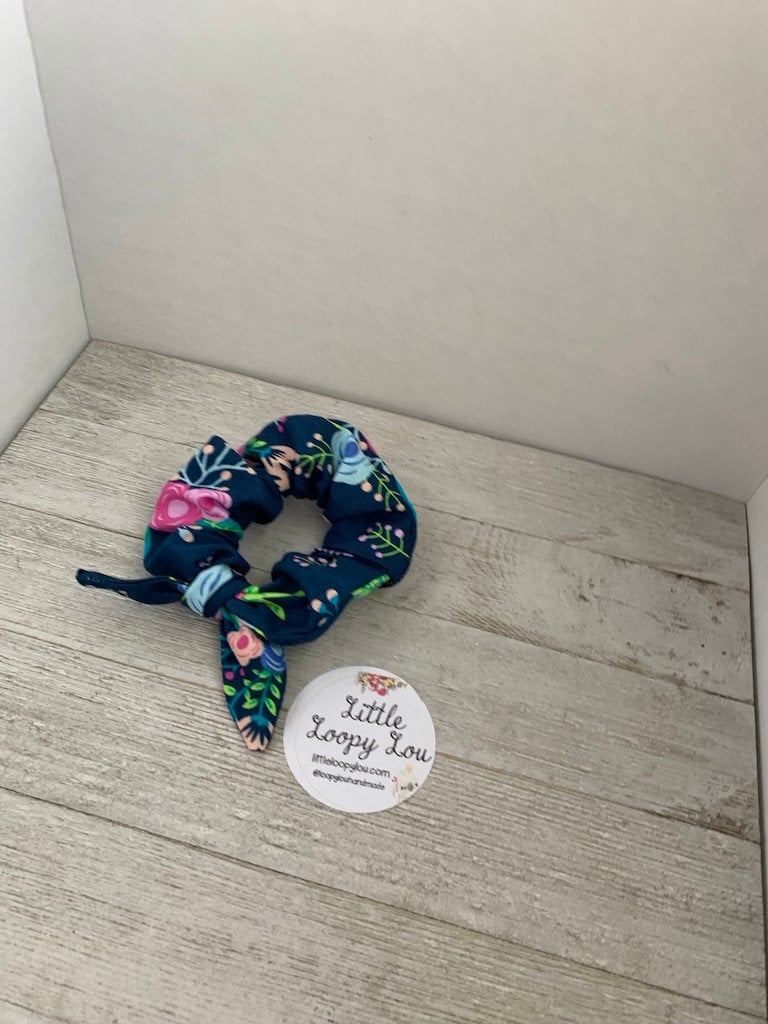 Navy Blue Neon Floral Cotton Scrunchy