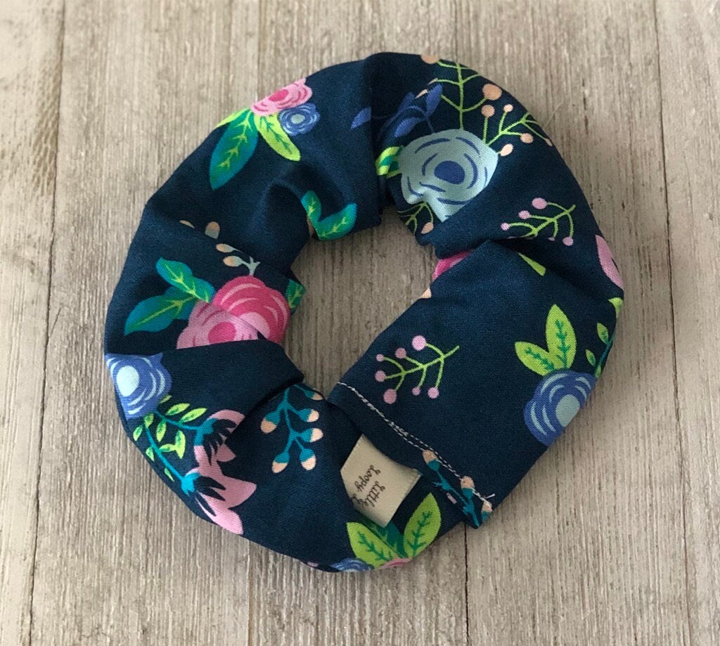 Navy Blue Neon Floral Cotton Scrunchy