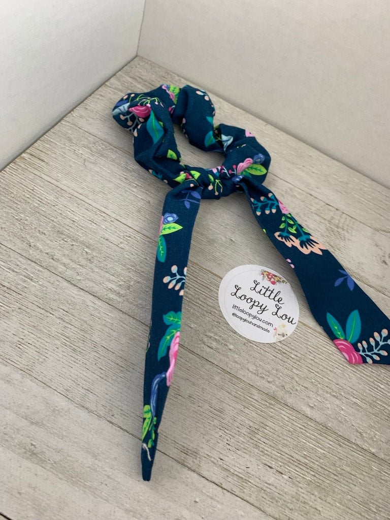 Navy Blue Neon Floral Cotton Scrunchy