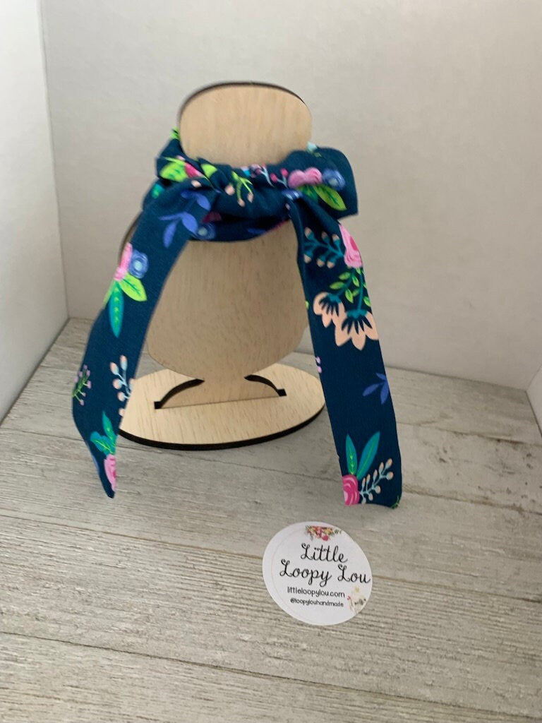 Navy Blue Neon Floral Cotton Scrunchy