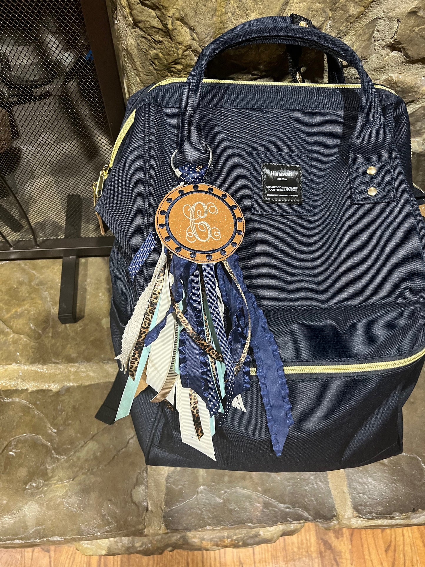 Boho Navy and Cream, Monogram Ribbon Tassel Keychain, Bogg Bag Accessory