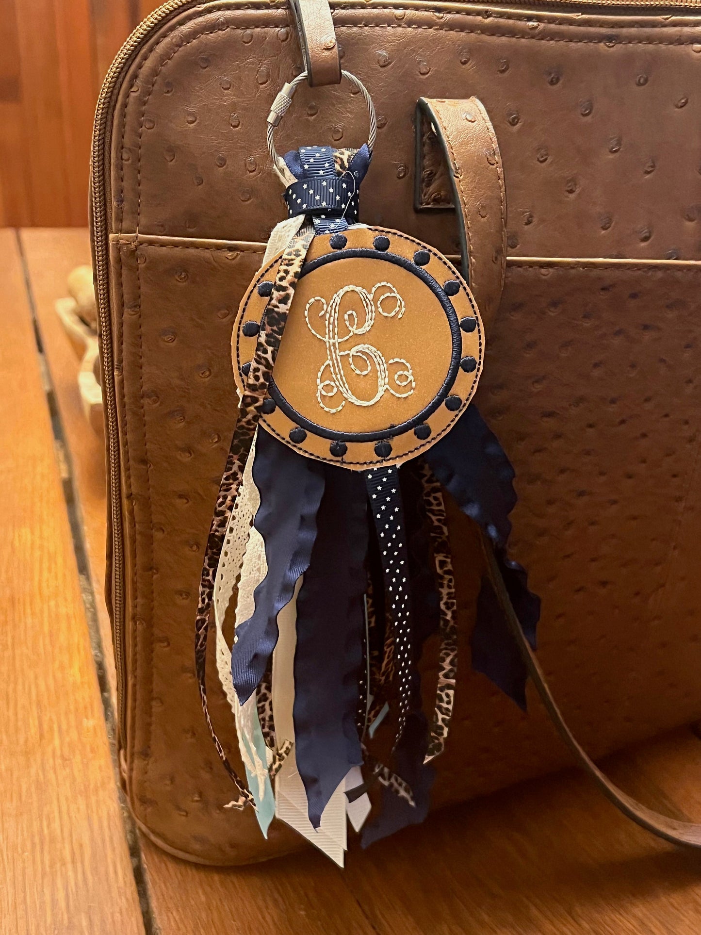Boho Navy and Cream, Monogram Ribbon Tassel Keychain, Bogg Bag Accessory