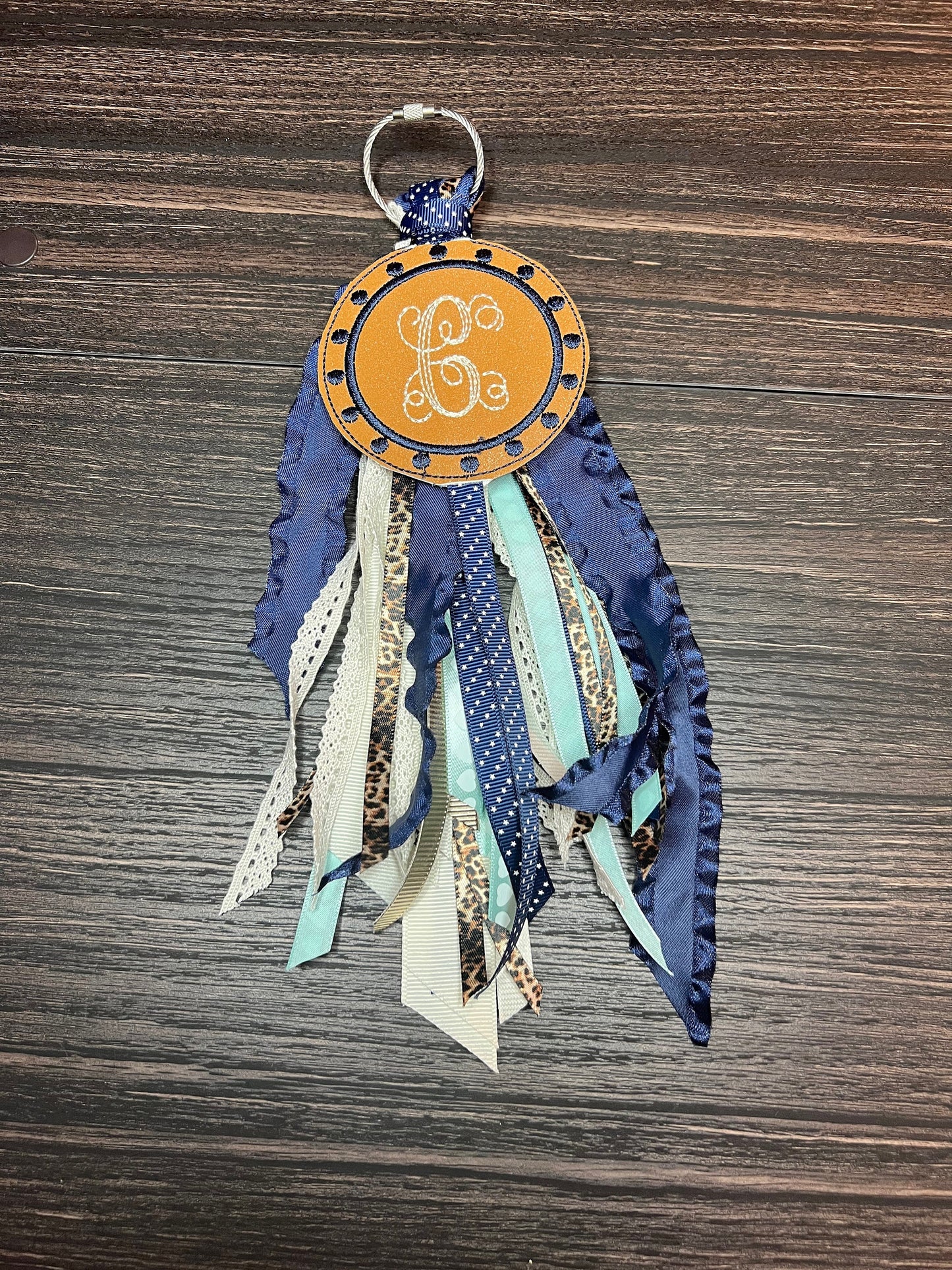 Boho Navy and Cream, Monogram Ribbon Tassel Keychain, Bogg Bag Accessory