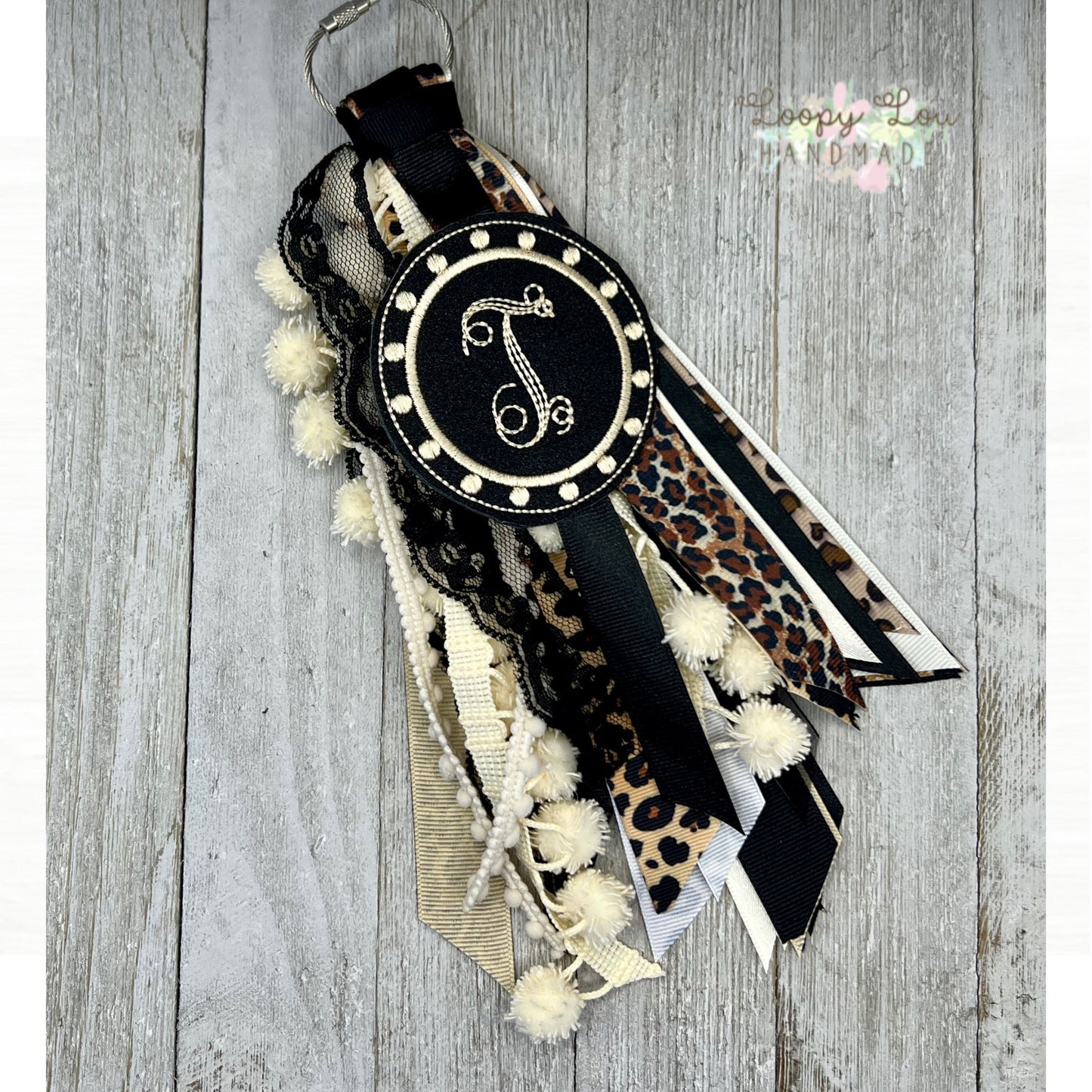 Leopard Animal Print with Black Tag, Monogram Ribbon Tassel Keychain, Bogg Bag Accessory