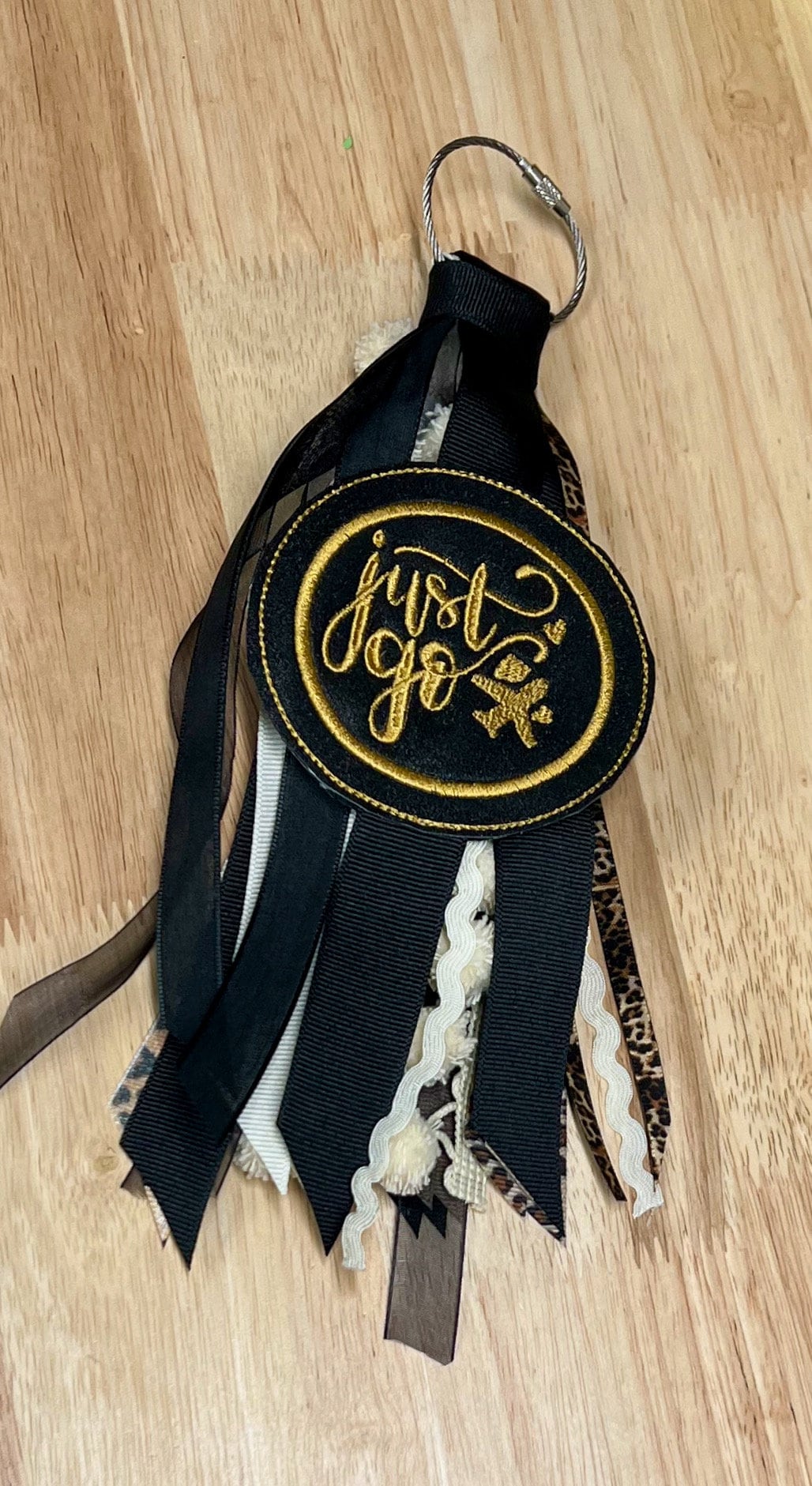 Let's Go Gold and Black Monogram Ribbon Tassel Keychain, Bogg Bag Accessory