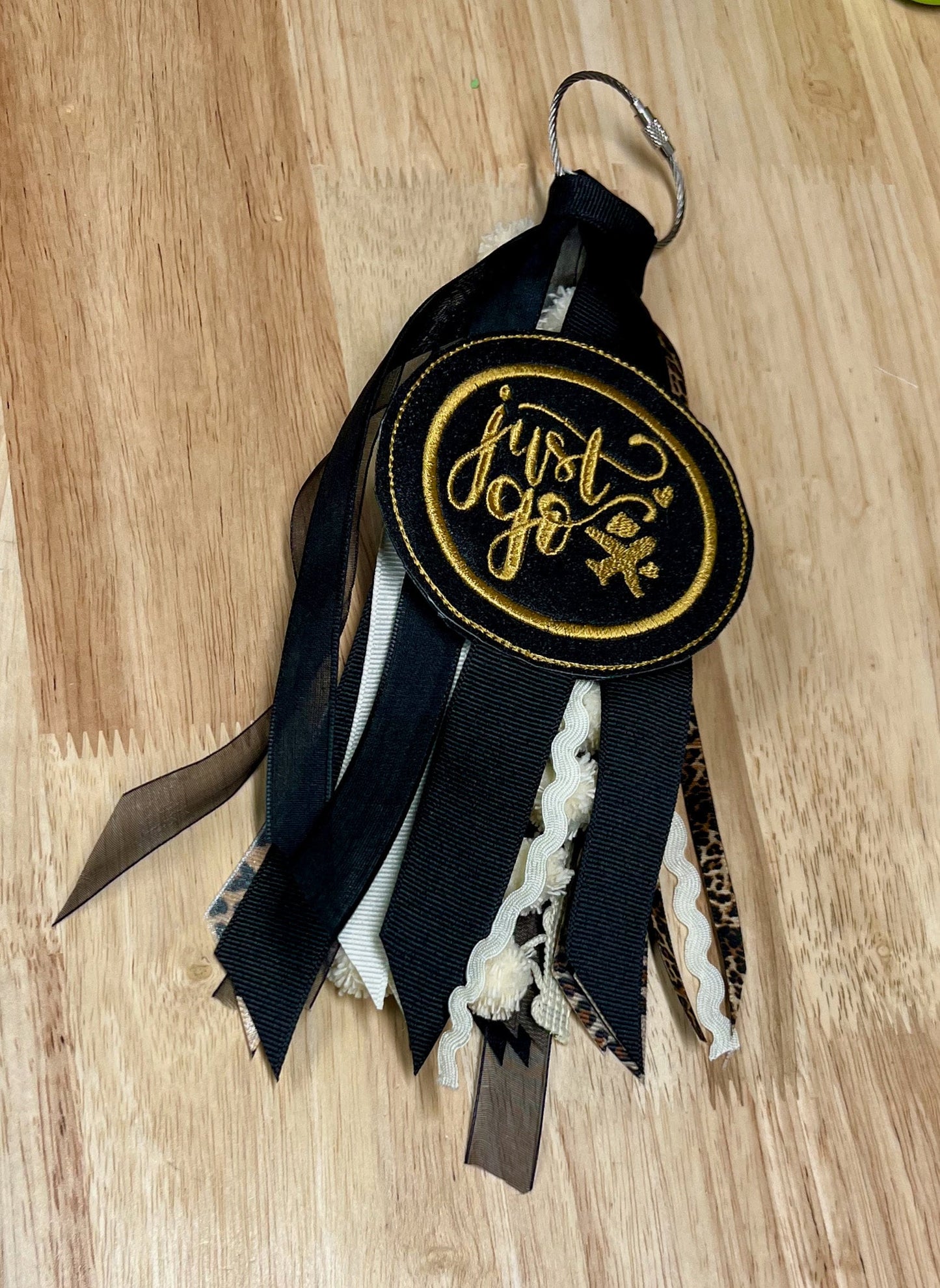Let's Go Gold and Black Monogram Ribbon Tassel Keychain, Bogg Bag Accessory