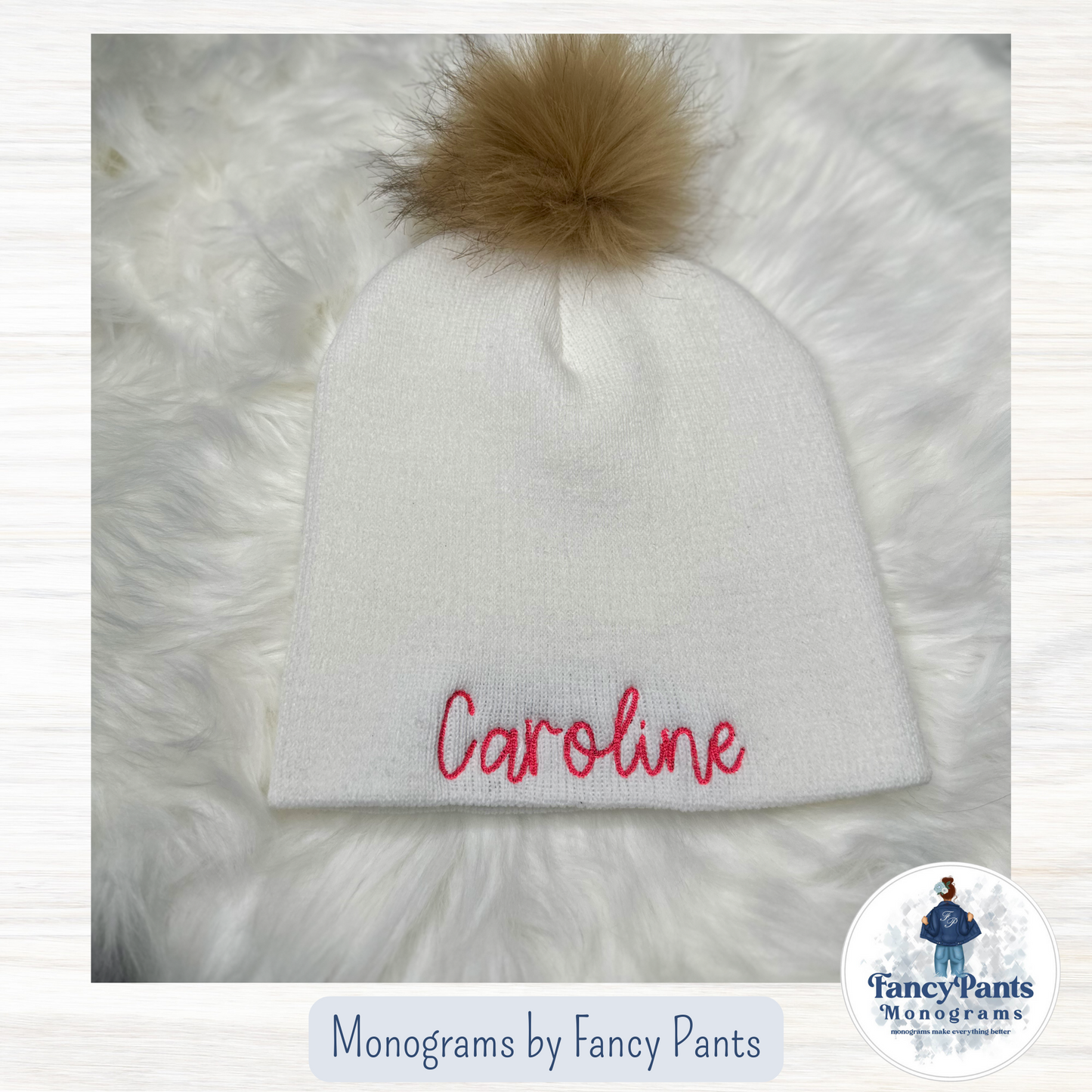 Monogram Beanie - White with Faux Fur Pom Pom