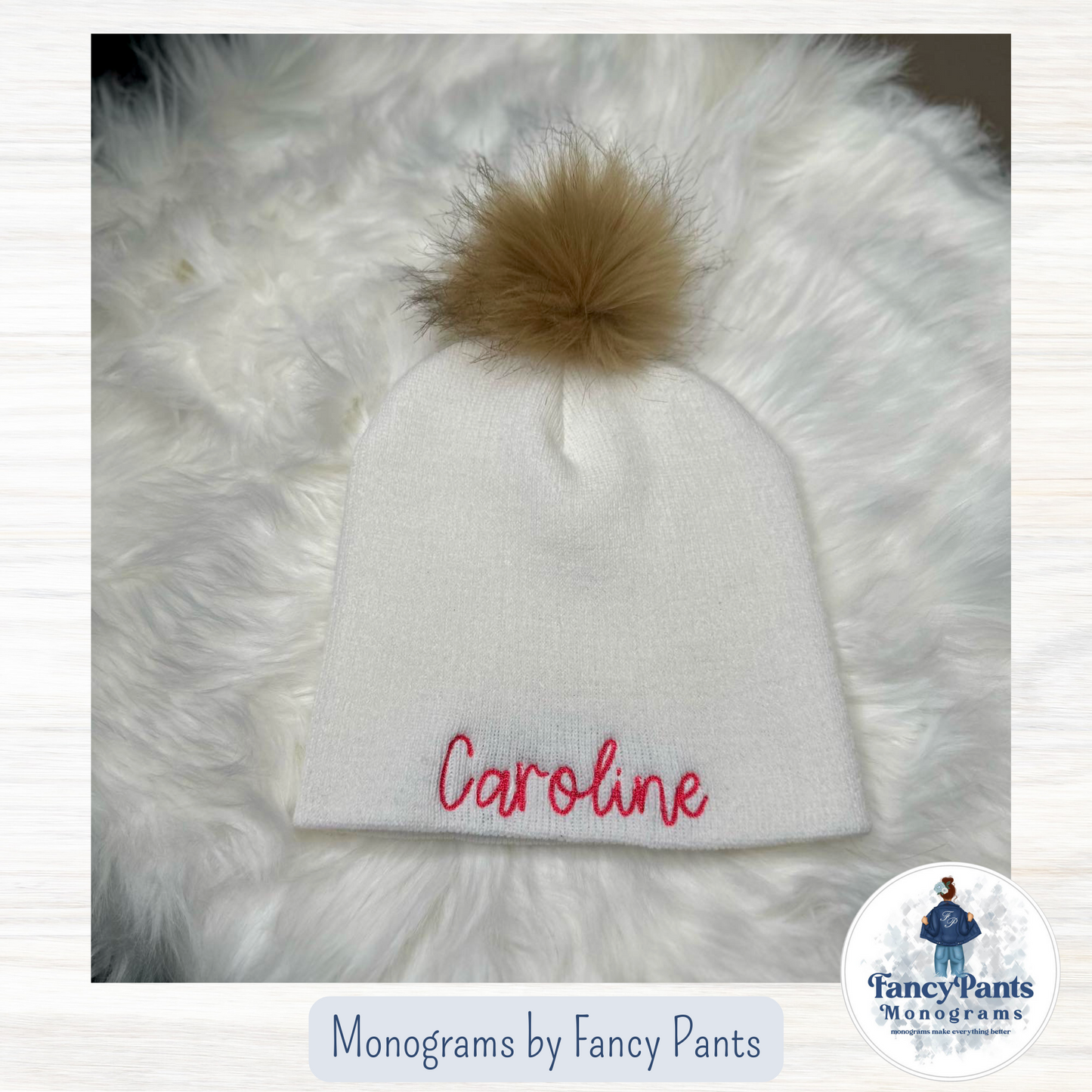 Monogram Beanie - White with Faux Fur Pom Pom