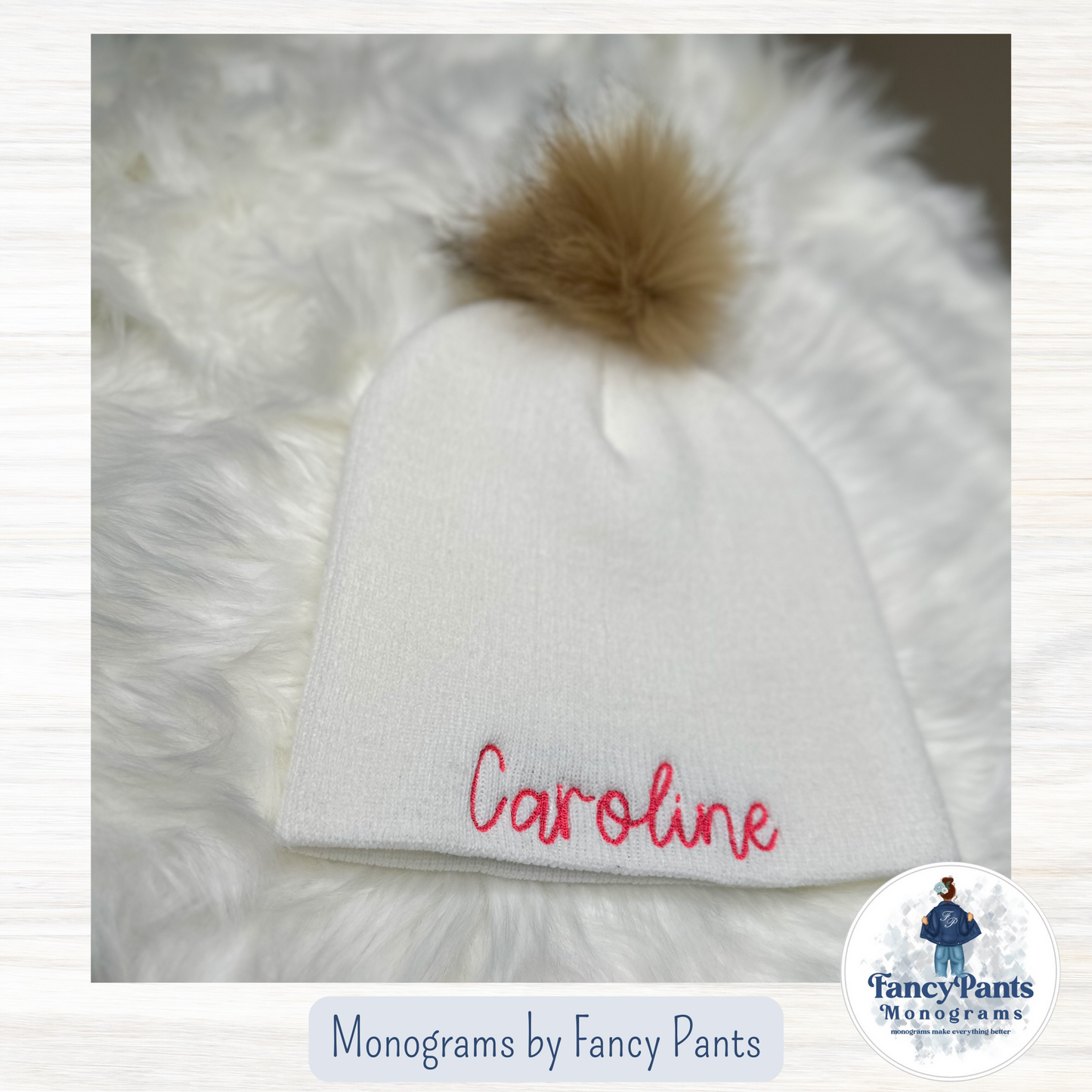 Monogram Beanie - White with Faux Fur Pom Pom