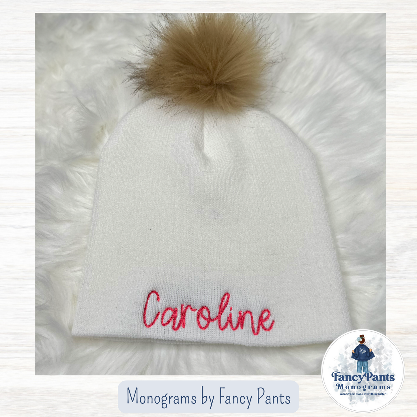 Monogram Beanie - White with Faux Fur Pom Pom