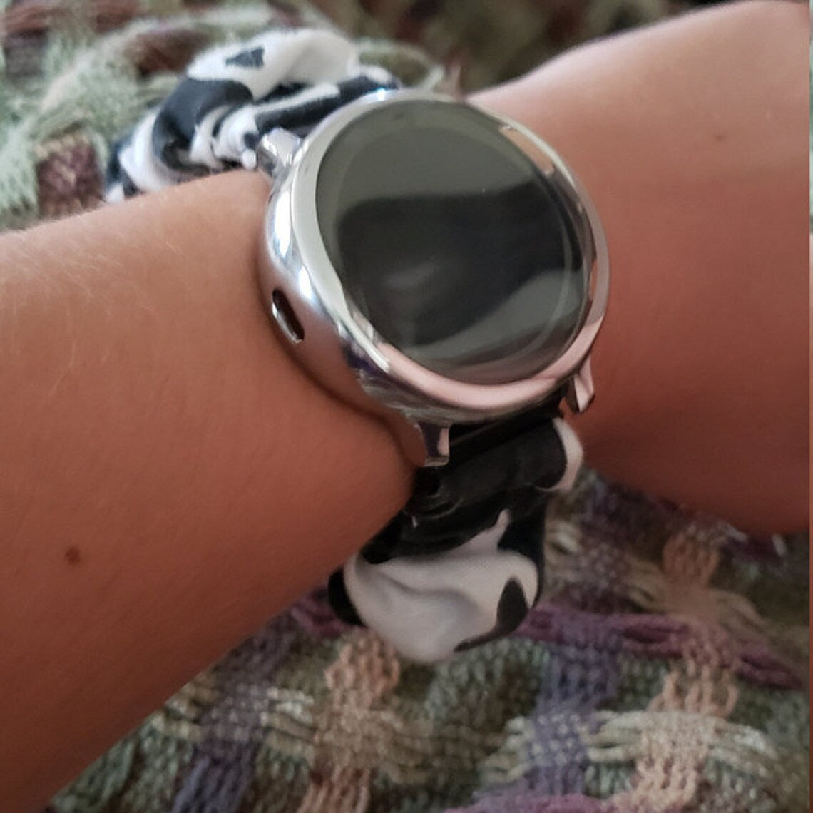 Black and White Cow Print Scrunchy Watch Band - Apple Watch Band Fitbit Versa, Samsung Galaxy Watch Band - Gift for Her, Scrunchy Watch Band