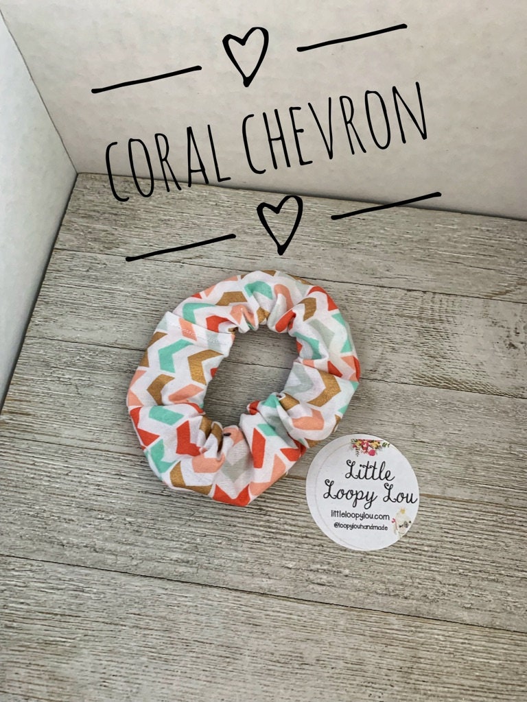 Herringbone Pattern, Coral Mint Green Cotton Scrunchy