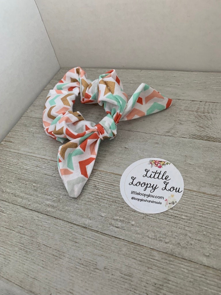 Herringbone Pattern, Coral Mint Green Cotton Scrunchy