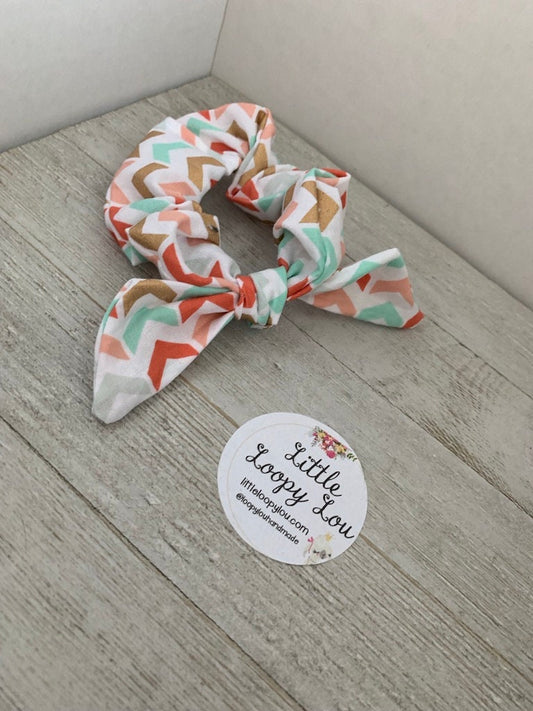 Herringbone Pattern, Coral Mint Green Cotton Scrunchy