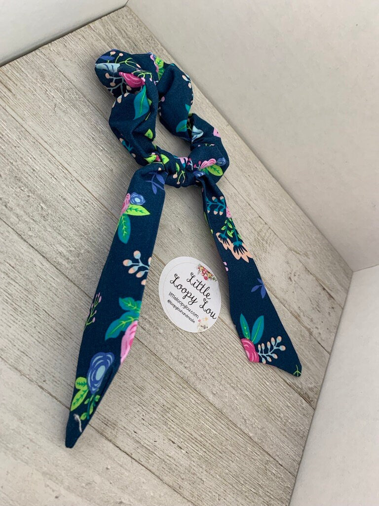 Navy Blue Neon Floral    Cotton Scrunchy