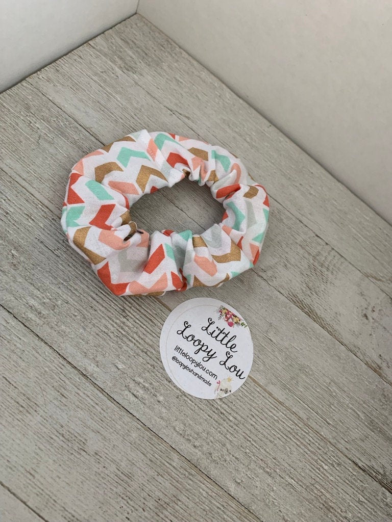 Herringbone Pattern, Coral Mint Green Cotton Scrunchy