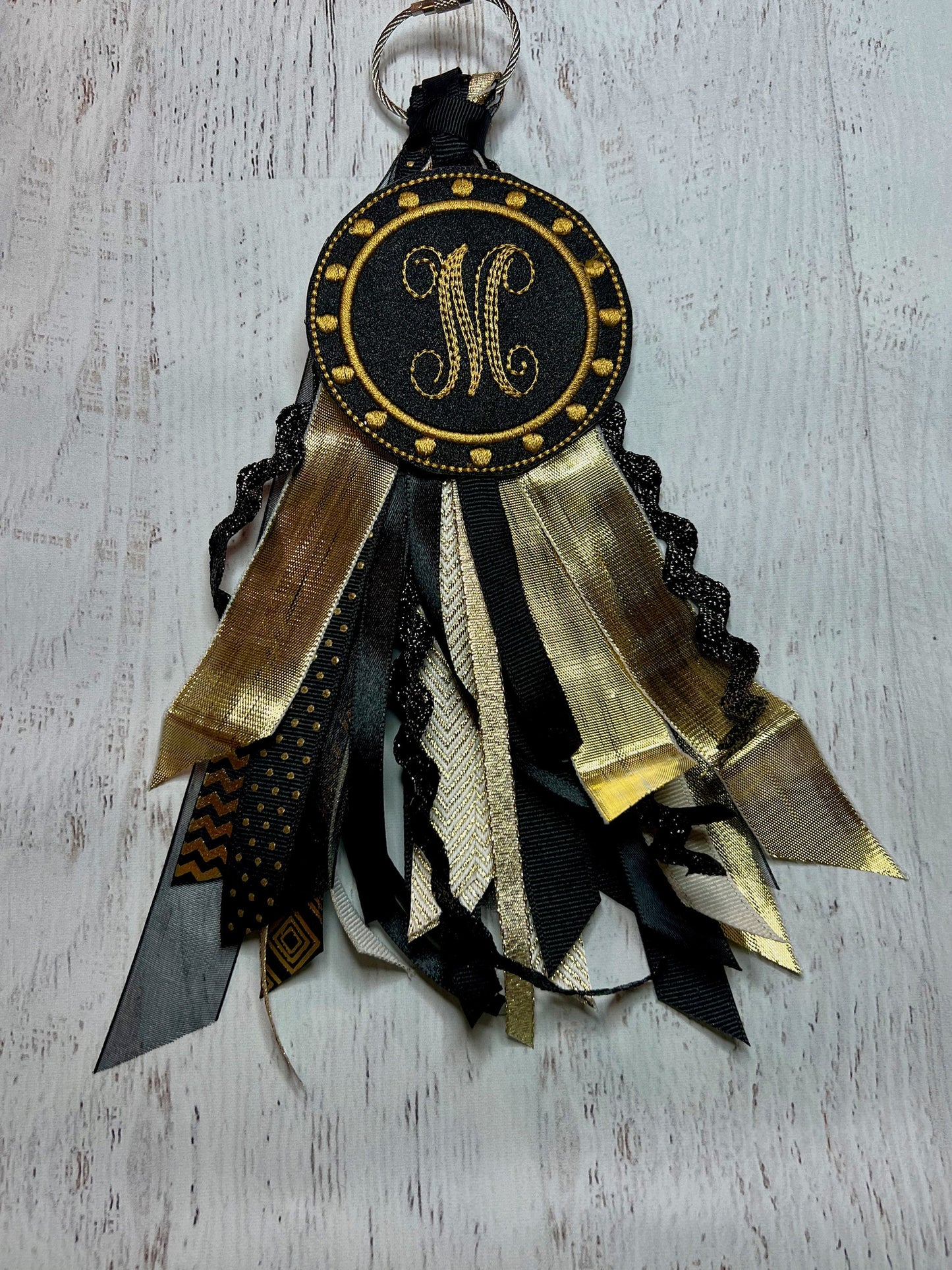 Black and Gold  Bag Monogram Ribbon Tassel Keychain, Bogg Bag Accessory