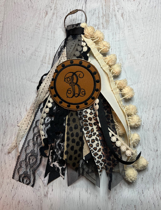Leopard Animal Print Brown Tag Monogram Ribbon Tassel Keychain, Bogg Bag Accessory