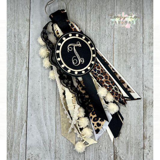Leopard Animal Print with Black Tag, Monogram Ribbon Tassel Keychain, Bogg Bag Accessory