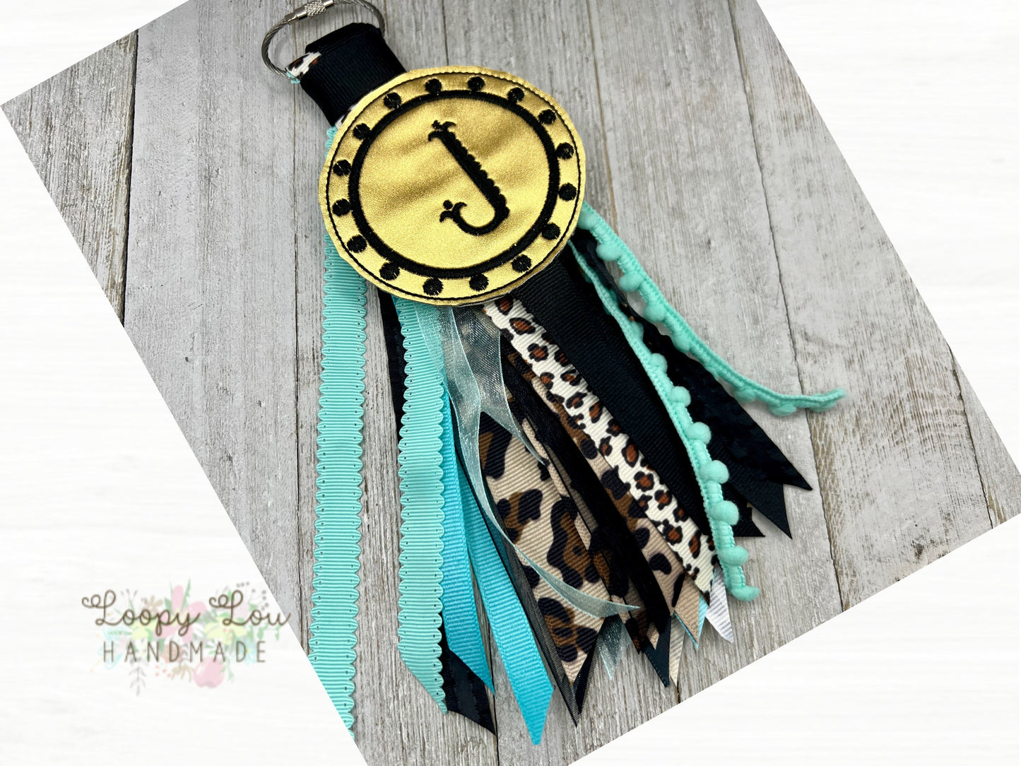 Gold Black and Aqua Monogram Ribbon Tassel Keychain, Bogg Bag Accessory