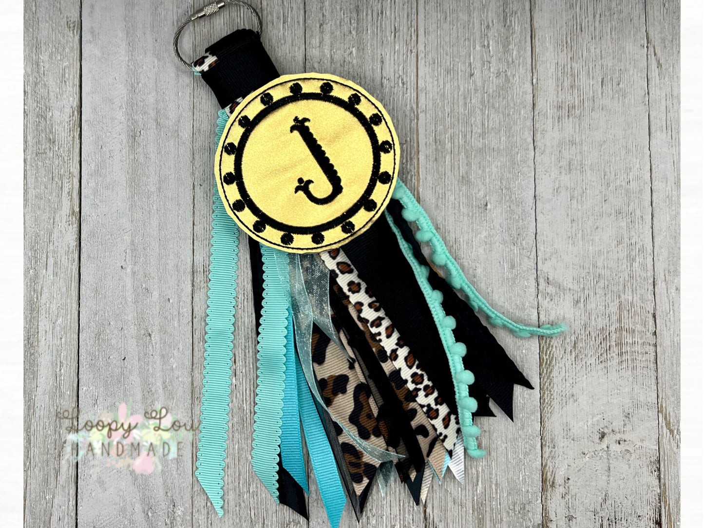 Gold Black and Aqua Monogram Ribbon Tassel Keychain, Bogg Bag Accessory