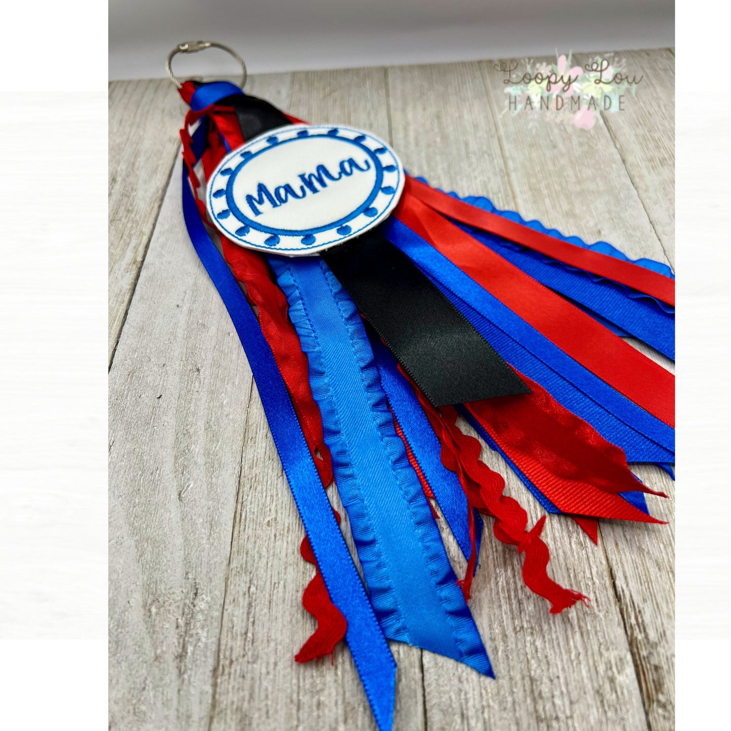 Red and Blue Patriotic Monogram Ribbon Tassel Keychain, Bogg Bag Accessory