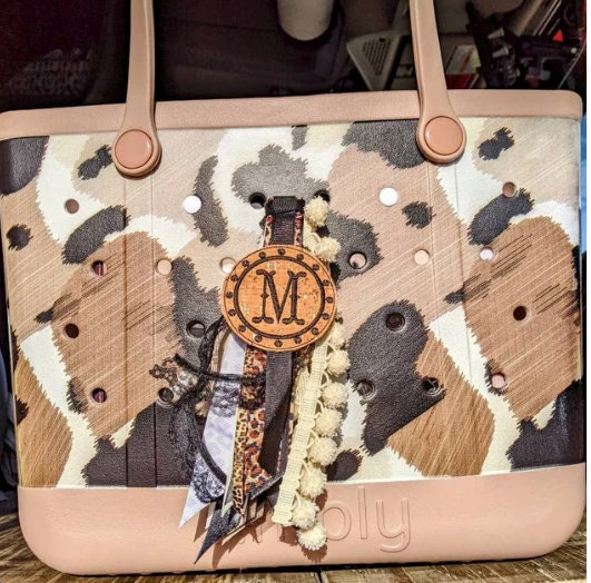 Leopard Animal Print with Western Initial Monogram Ribbon Tassel Keychain, Bogg Bag Accessory