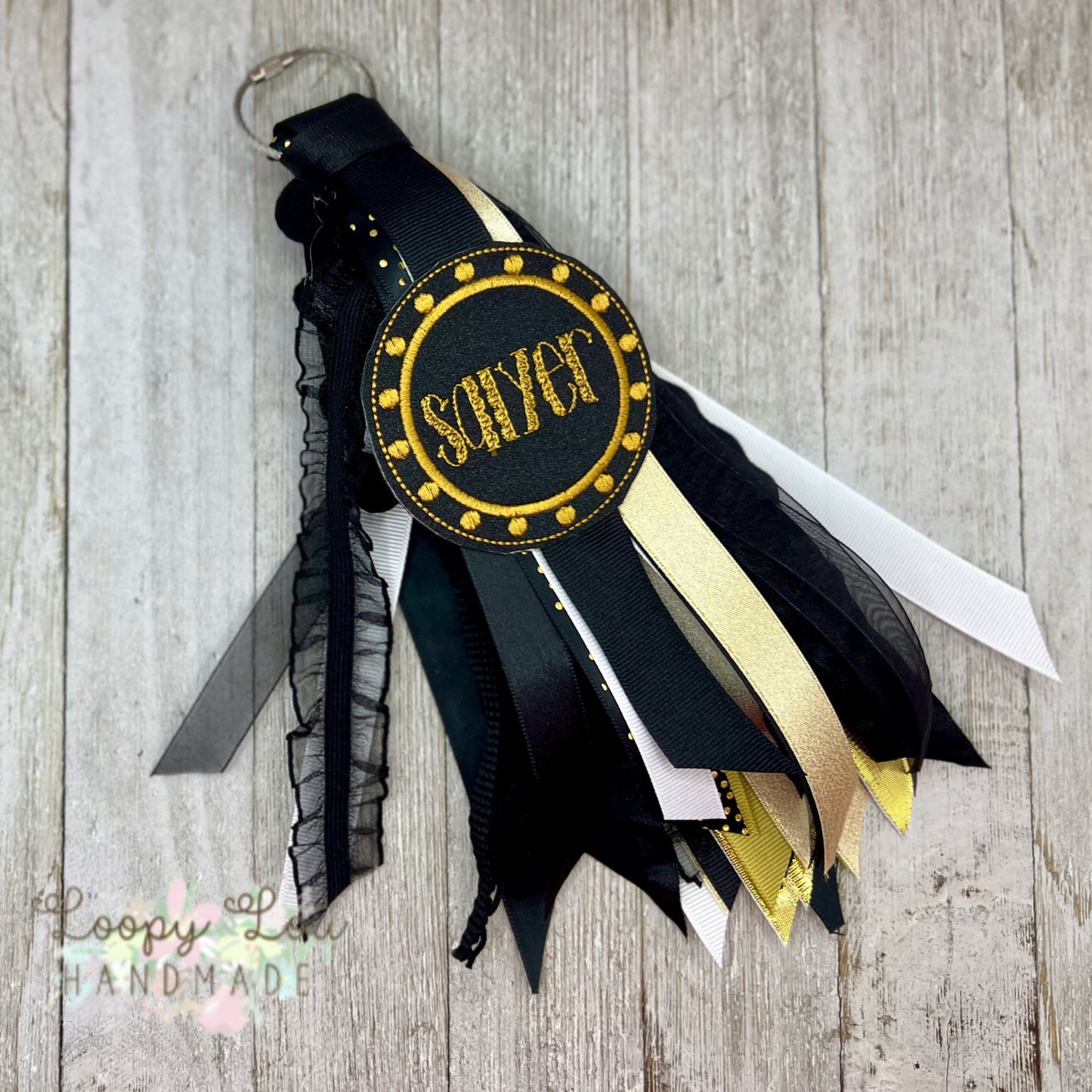 Gold and Black, Monogram Ribbon Tassel Keychain, Bogg Bag Accessory