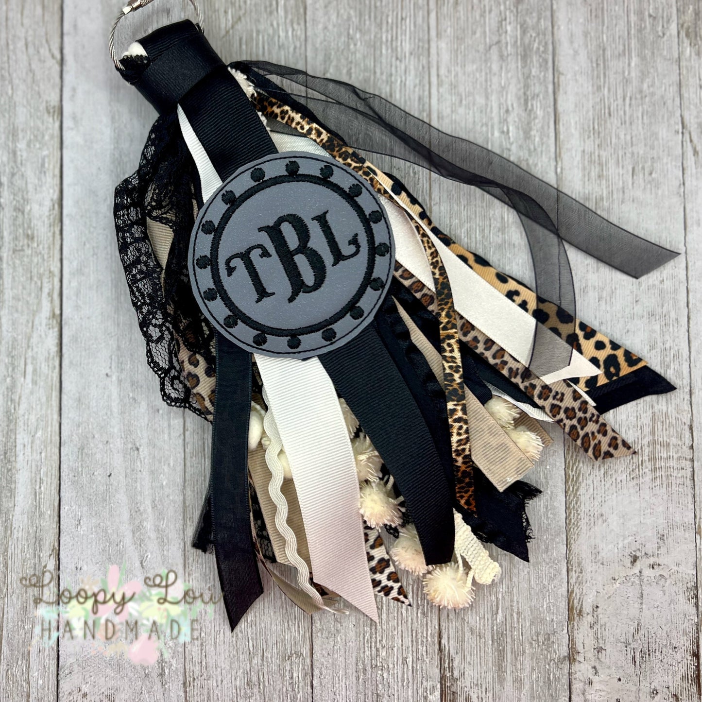 Leopard Animal Print  Monogram Ribbon Tassel Keychain, Bogg Bag Accessory