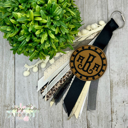 Leopard Animal Print with Brown Tag, Monogram Ribbon Tassel Keychain, Bogg Bag Accessory