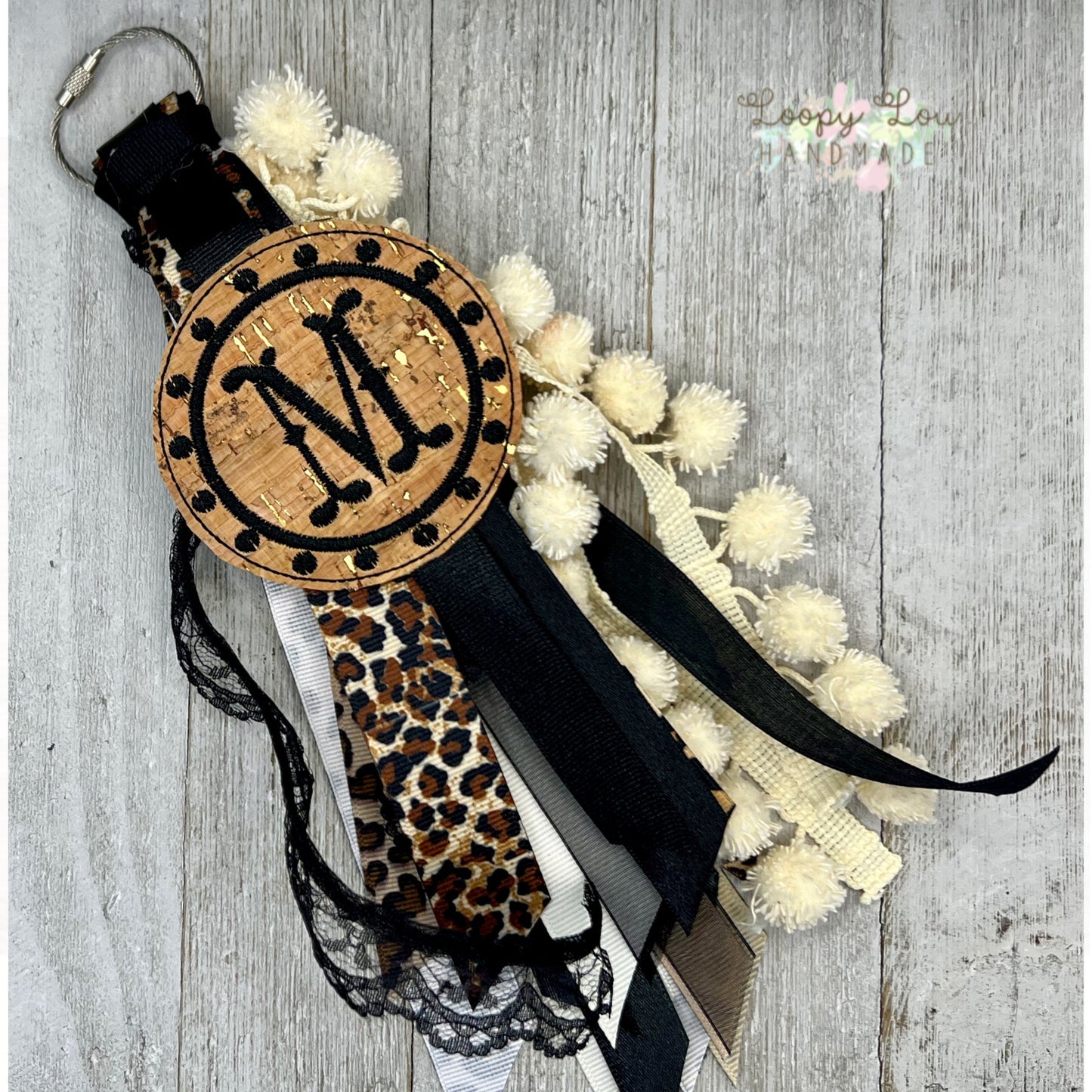 Leopard Animal Print with Western Initial Monogram Ribbon Tassel Keychain, Bogg Bag Accessory