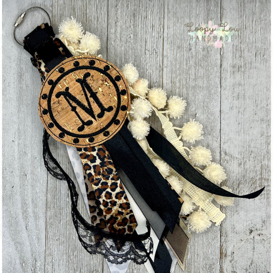 Leopard Animal Print with Western Initial Monogram Ribbon Tassel Keychain, Bogg Bag Accessory