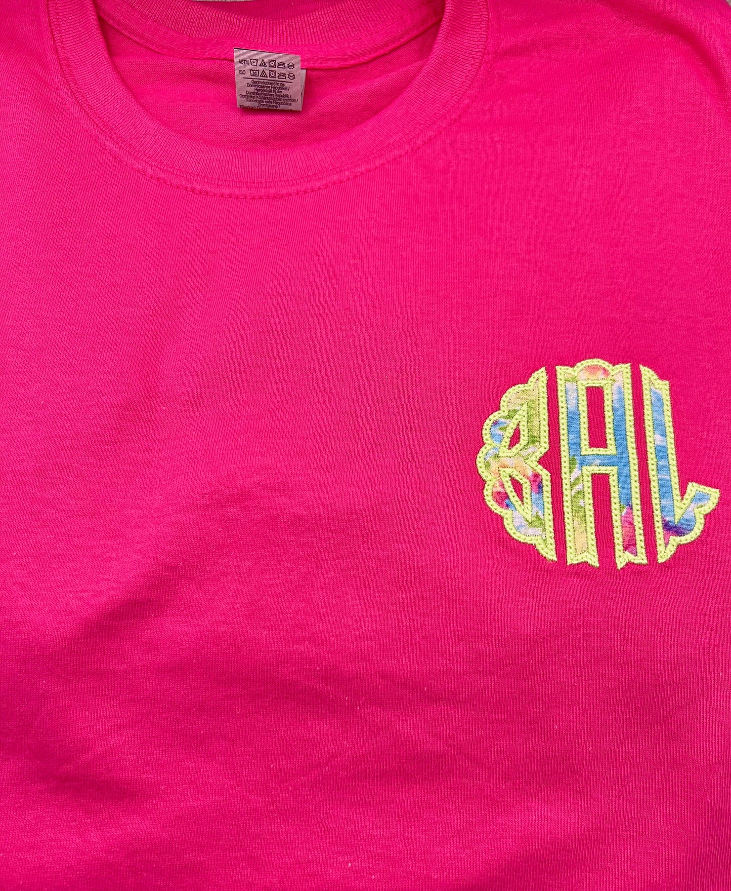 Womens Monogram Pocket Shirt, Cotton Hot Pink Tie Dye Embroidery Applique, Summer Gift for Her